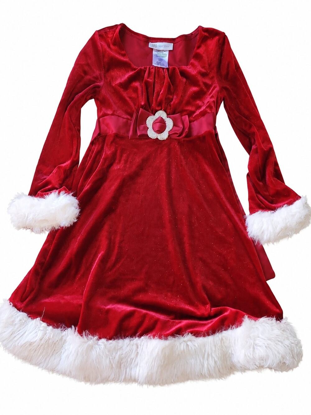 Bonnie Jean Girls 6 Red Velvet Glitter Christmas Holiday Dress Faux Fur Trim